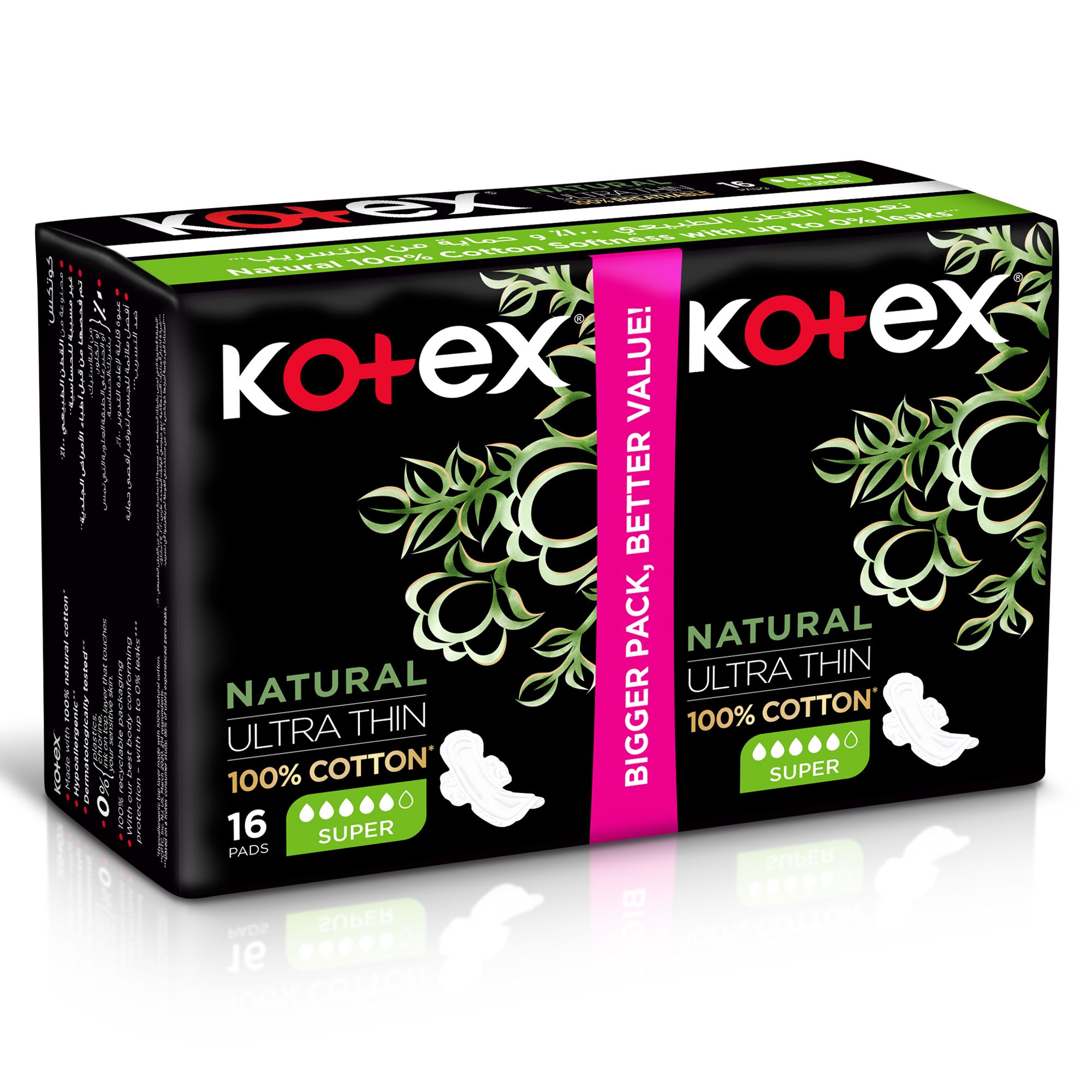 Kotex Natural Ultra Thin Pads, 100% Cotton Pad, Super Size Sanitary Pads with Wings, 16 Sanitary Pads