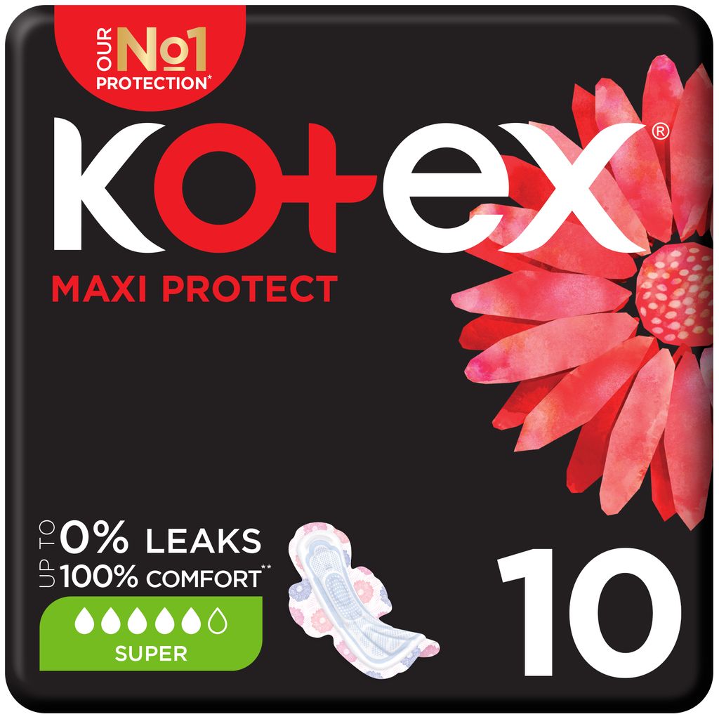 Kotex Maxi Protect Thick Pads, Super Size Sanitary Pads with Wings, 10 Sanitary Pads